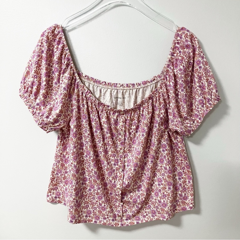 American Eagle | Pink Floral Puff Sleeve Top L Coquette Preppy Softgirl Spring